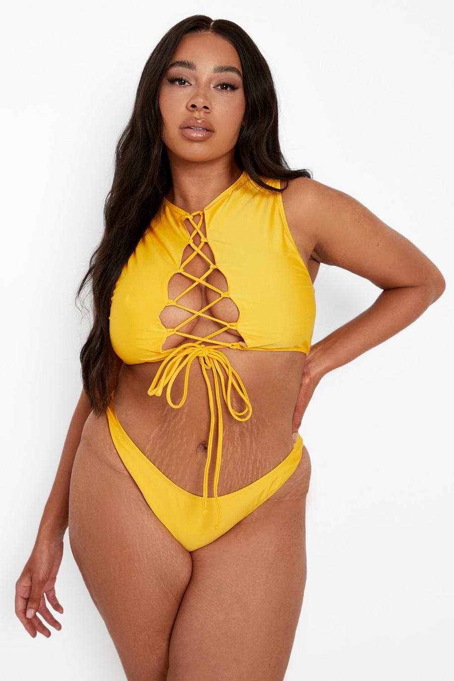 Set bikini Plus Size con slip sgambato e laccetti, Orange image number 1