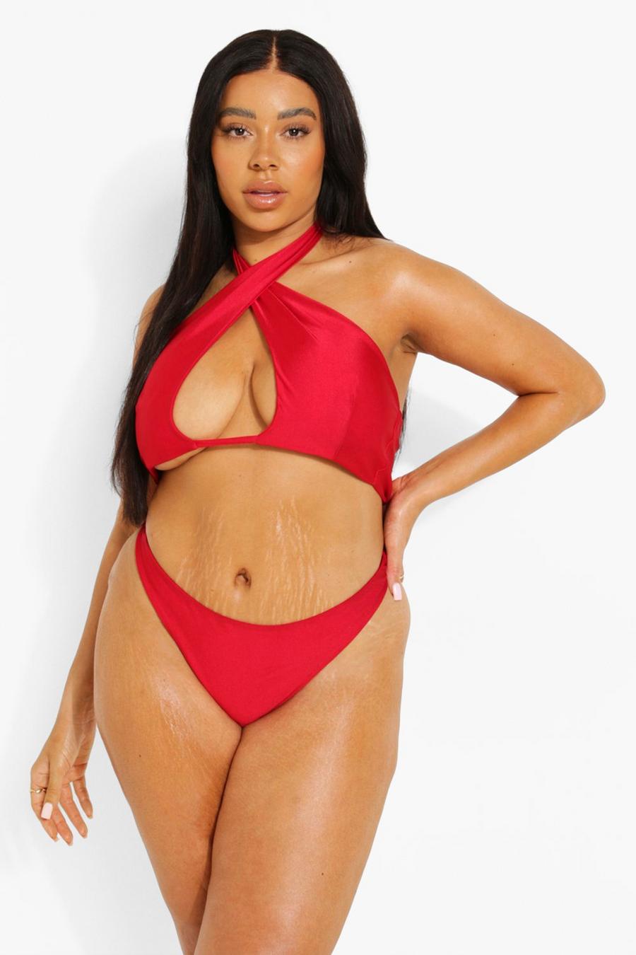 Bikini Plus Size allacciato al collo con cut-out, Red rosso