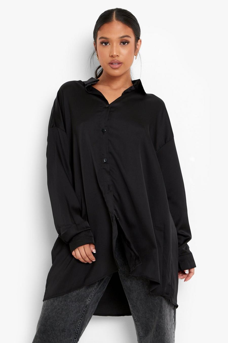 Black Petite Neon Satin Oversized Shirt image number 1