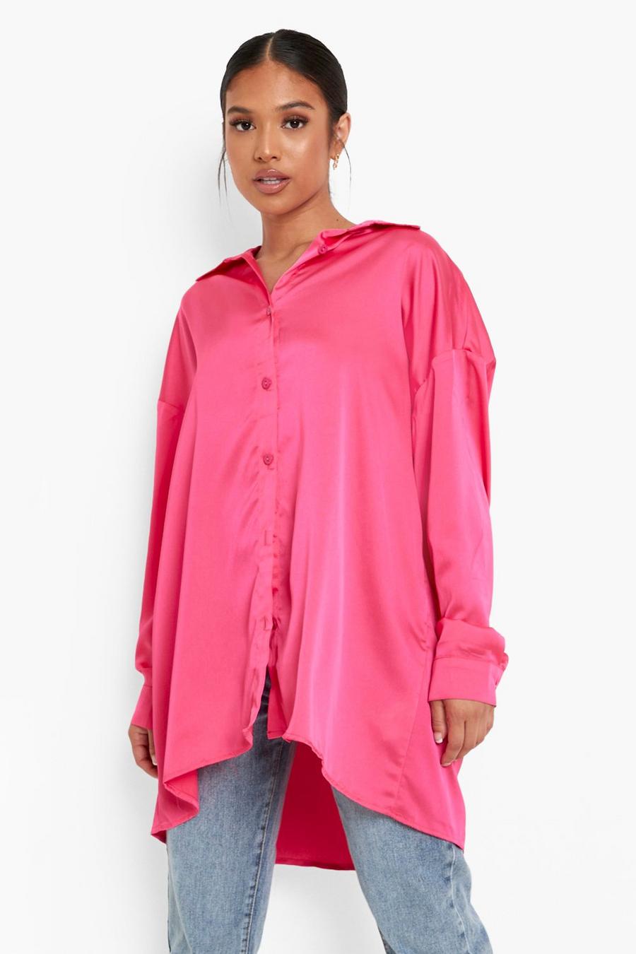 Petite Oversize Neon Hemd aus Satin, Hot pink image number 1