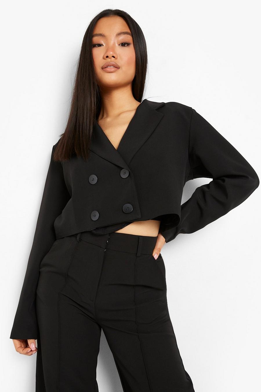Black Petite Crop Double Breasted Blazer image number 1