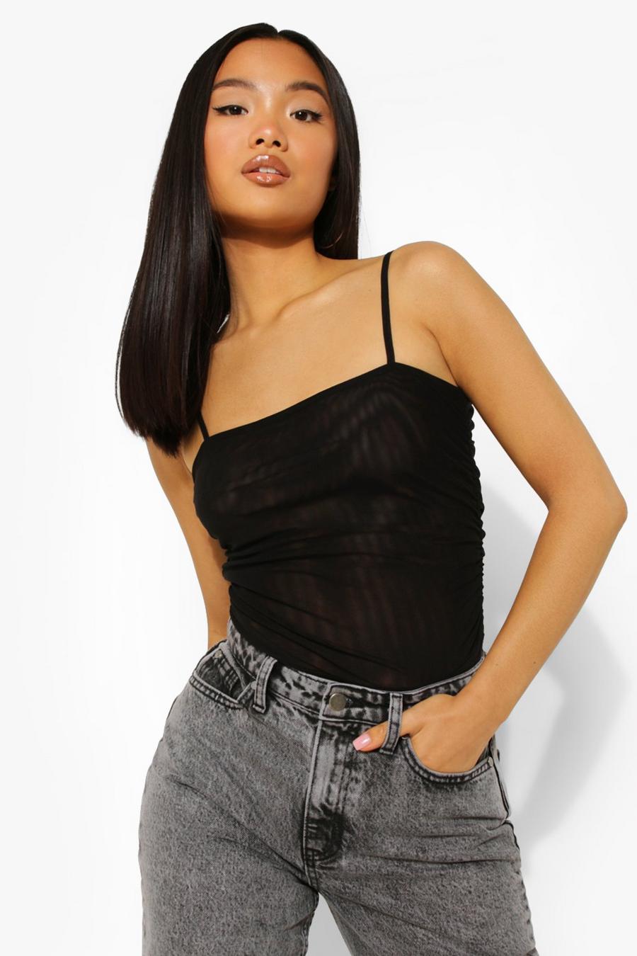 Black Petite Double Layer Mesh Ruched Bodysuit image number 1