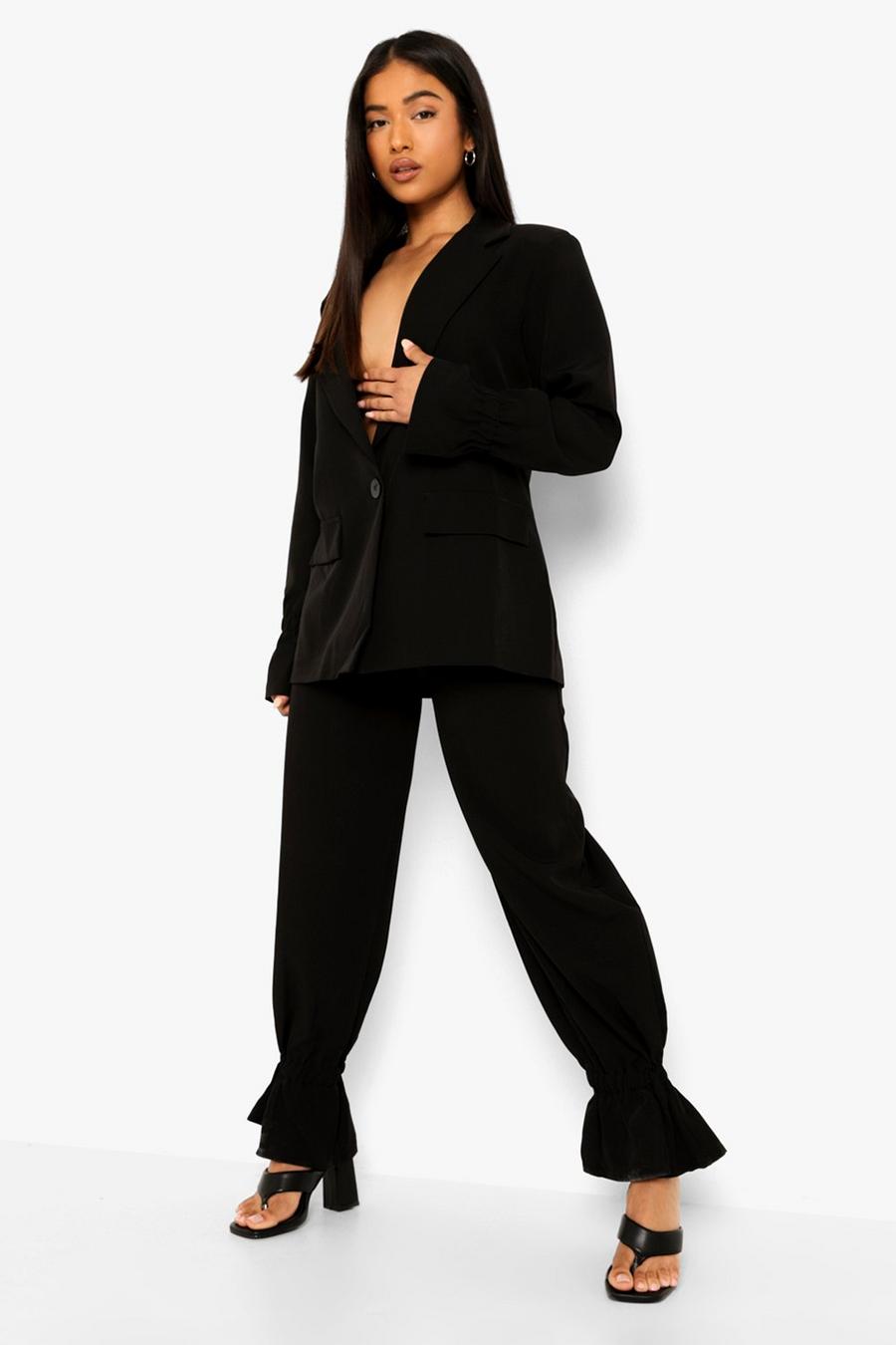 Black Petite Ruched Cuff Detail Pants Suit
