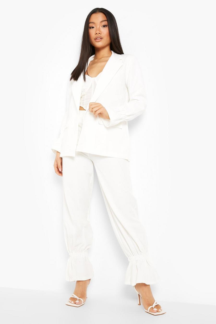 White Petite Ruched Cuff Detail Trouser Suit