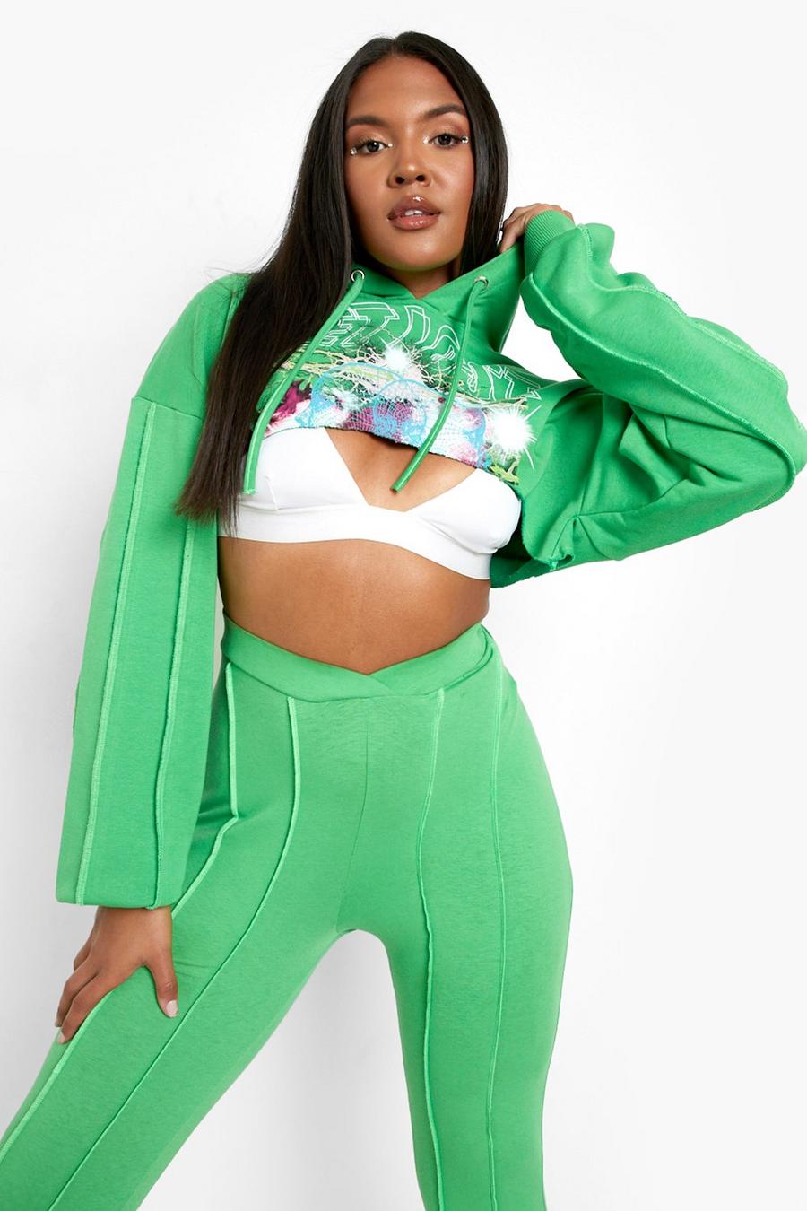 Green Plus Cropped Exposed Seam Graphic Hoodie image number 1