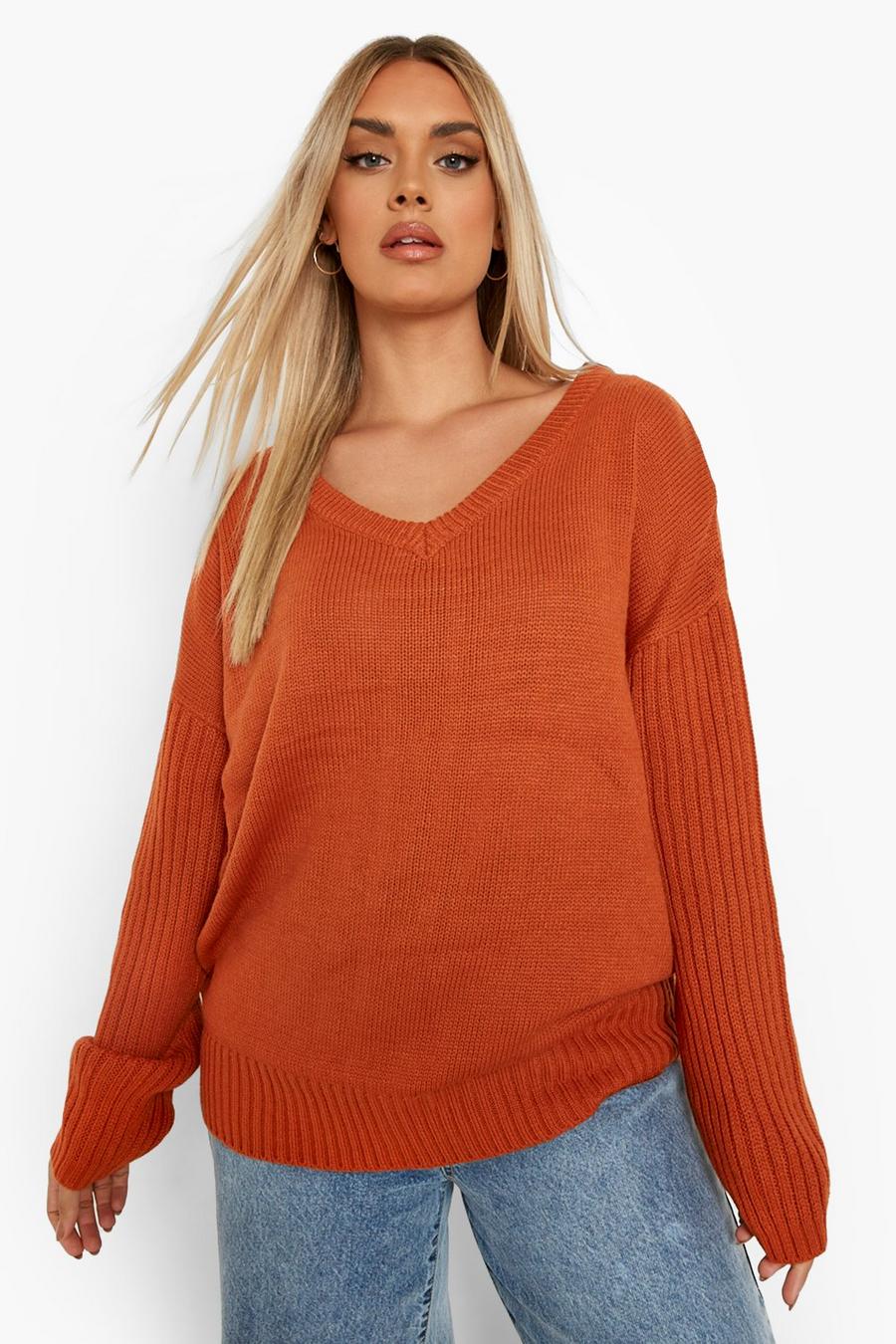 Rust Recycled Plus V Neck Sweater image number 1