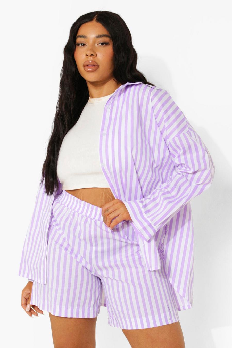 Lilac Plus Oversized Striped Shirt And Shorts Set image number 1