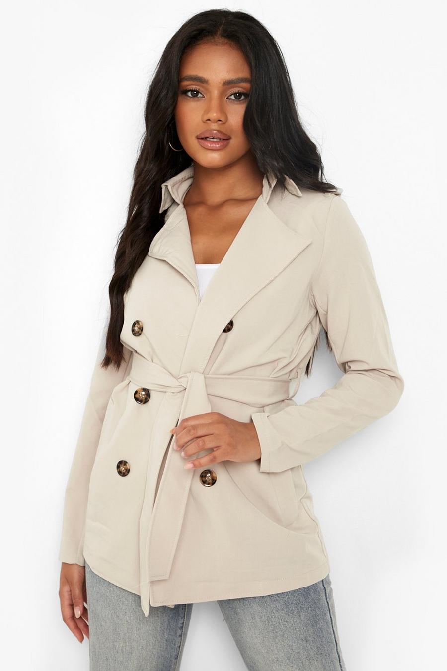 Stone Petite Button Detail Cropped Trench Coat image number 1