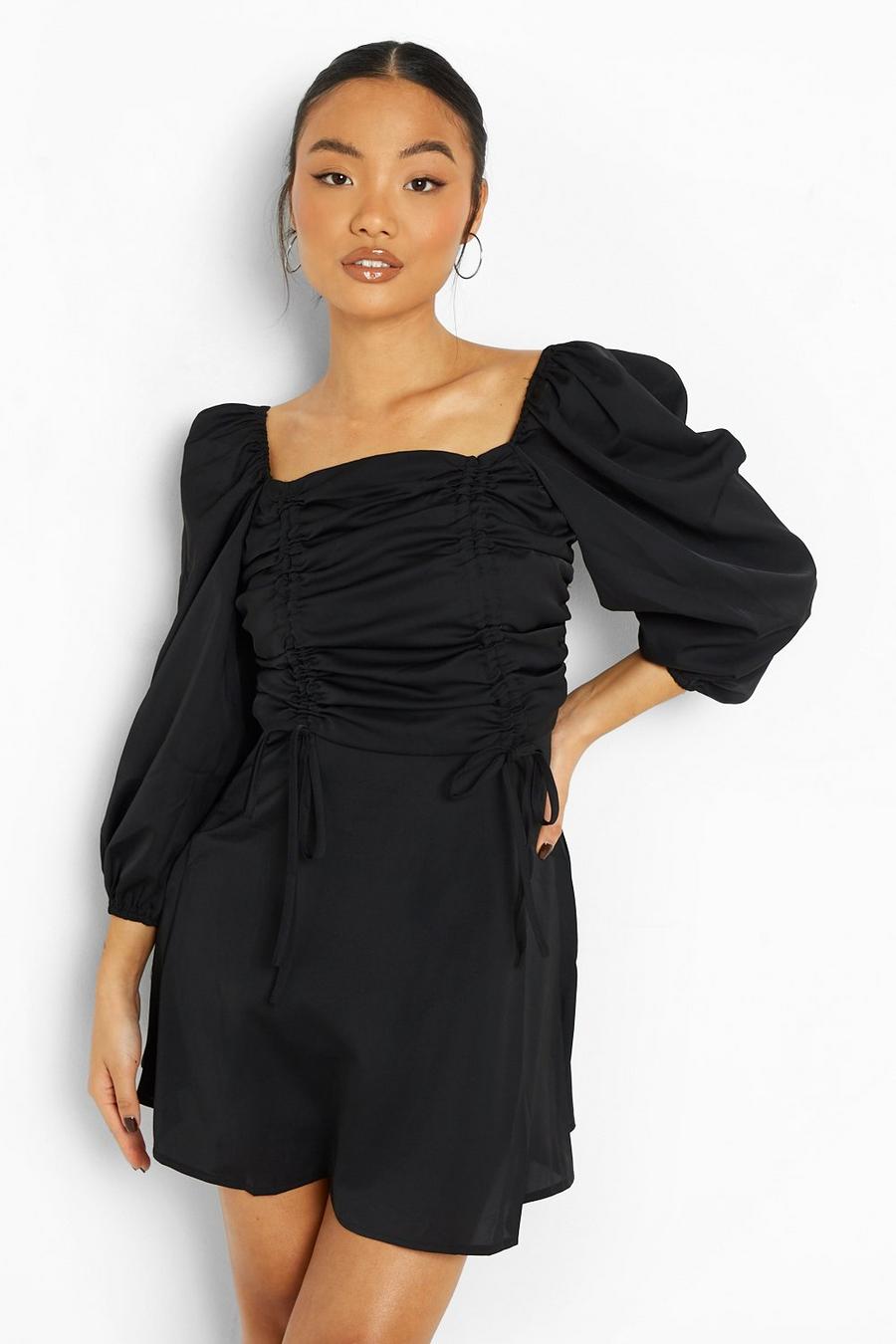Black Petite Ruched Front Balloon Sleeve Dress image number 1