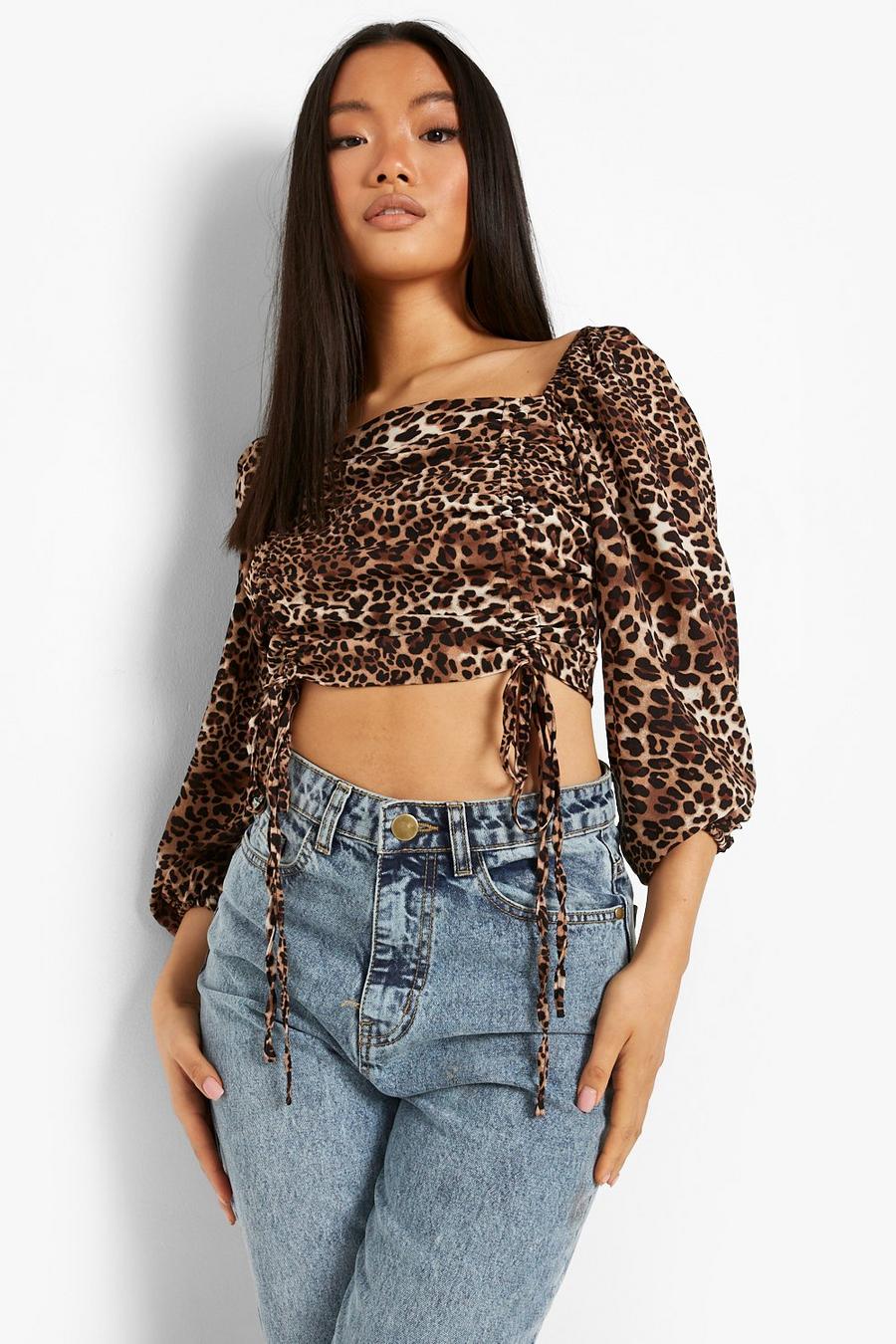 Natural Petite Leopard Ruched Balloon Sleeve Crop Top image number 1
