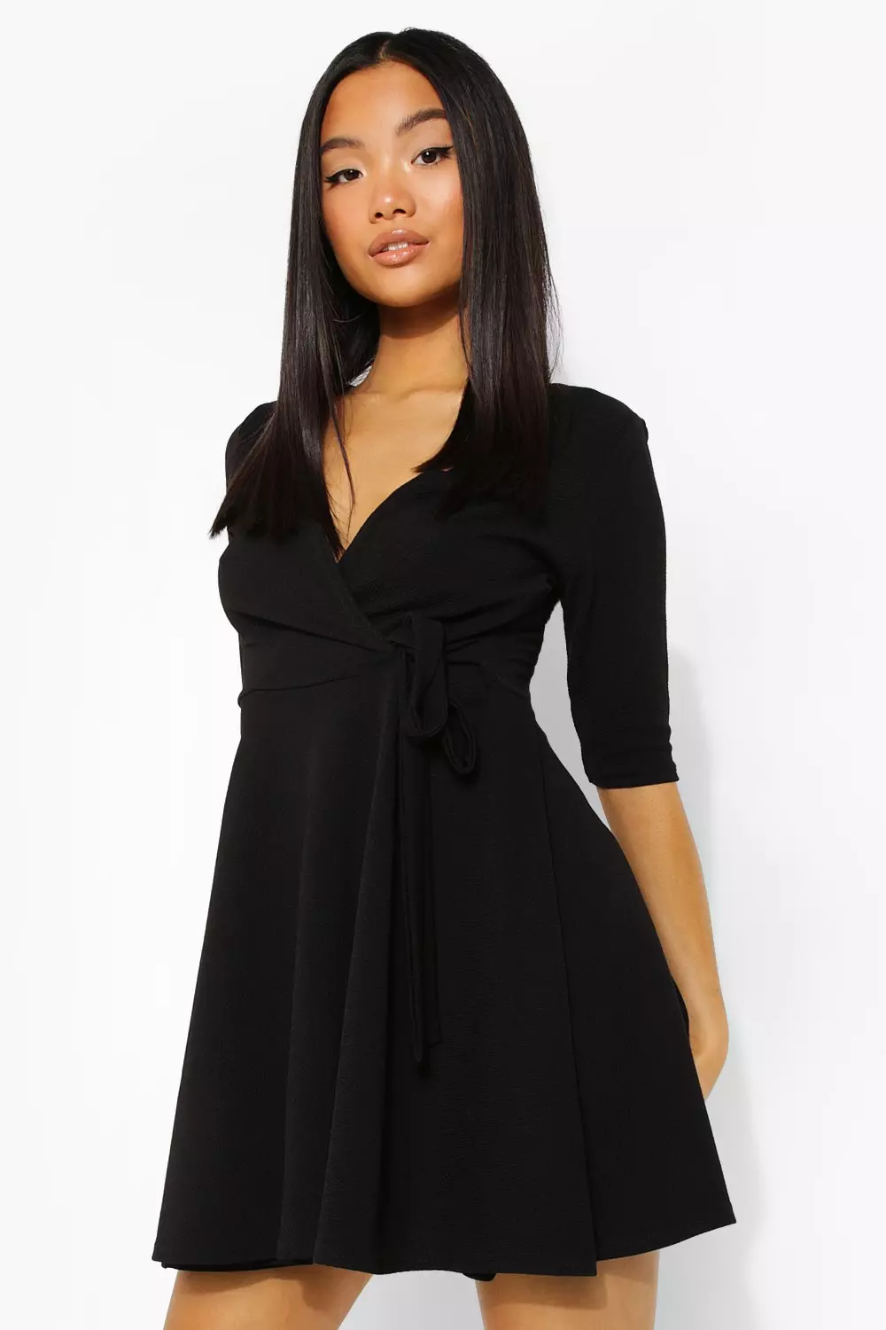 Black wrap skater dress hotsell