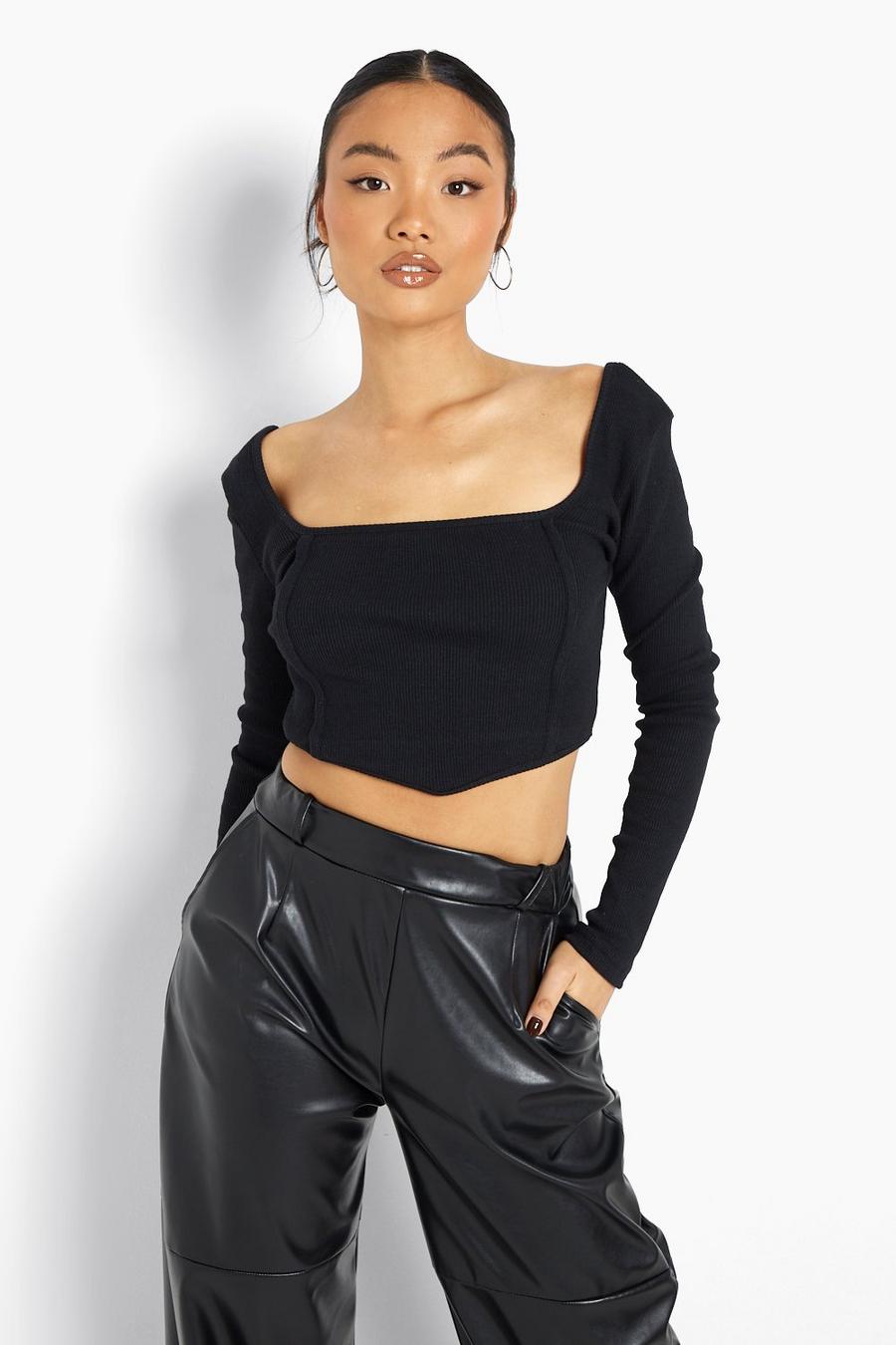 Black Petite Long Sleeve Heavy Rib V Hem Crop Top image number 1