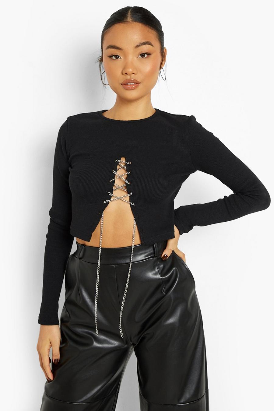 Black Petite Chain Lace Up Heavy Rib Crop Top image number 1