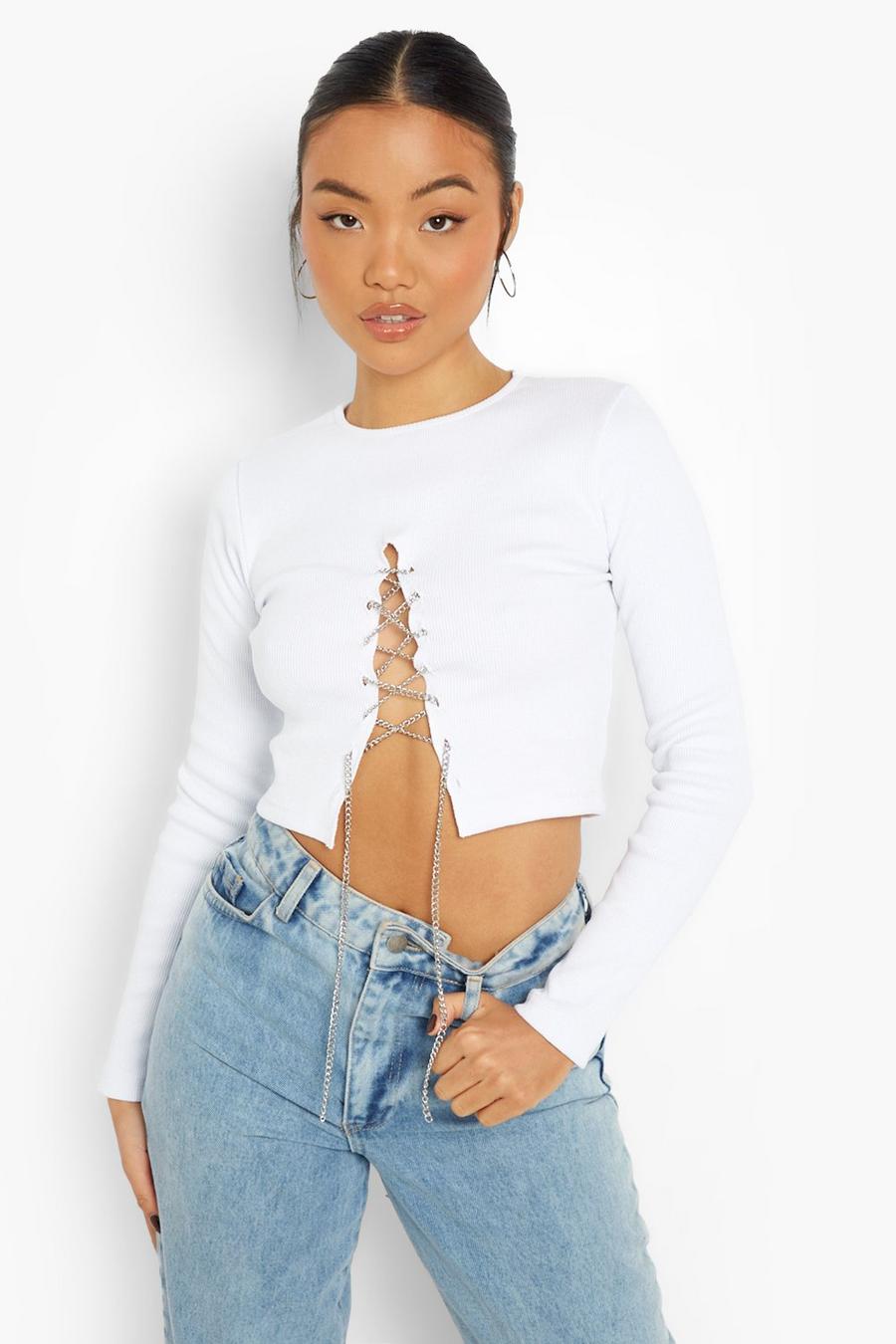 White Petite Chain Lace Up Heavy Rib Crop Top image number 1
