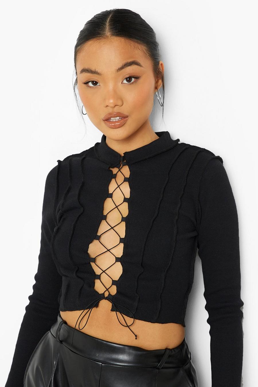 Black Petite Lace Up Heavy Rib Contrast Stitch Crop Top image number 1
