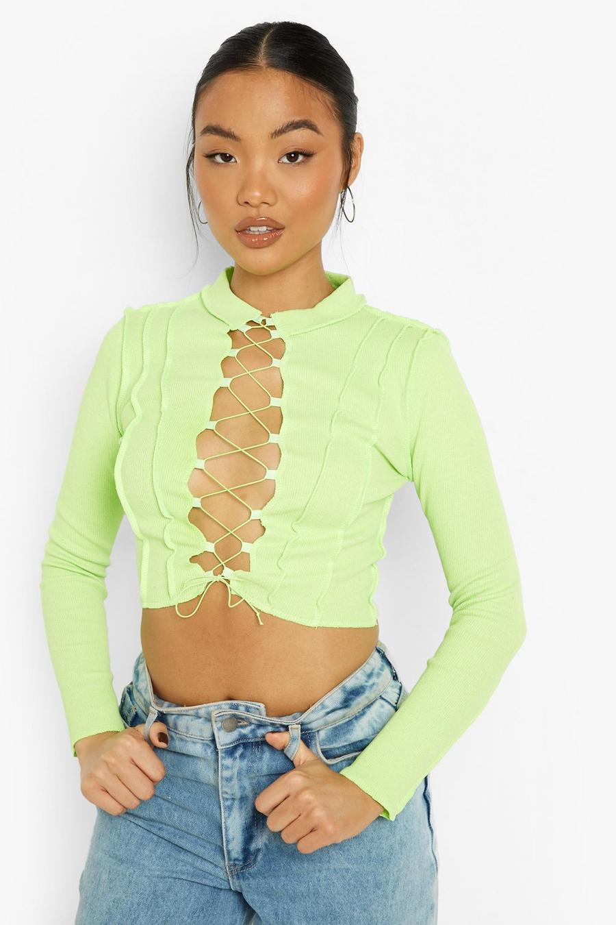 Crop top Petite a coste ampie con cuciture a contrasto, Lime image number 1
