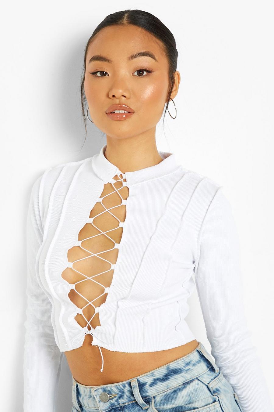 White Petite Lace Up Heavy Rib Contrast Stitch Crop Top image number 1