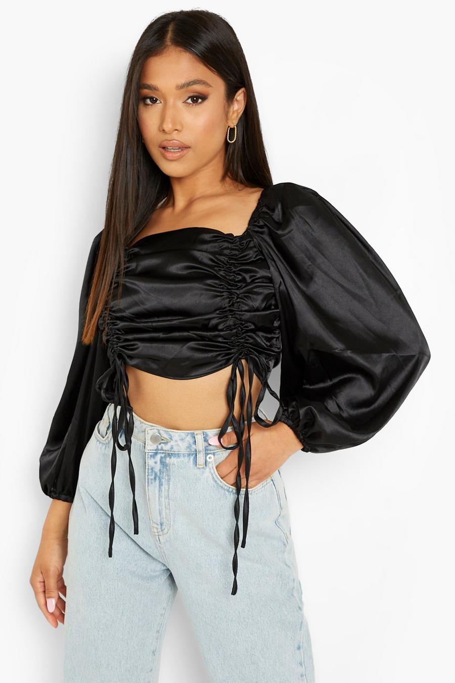 Black Petite Satin Ruched Front Balloon Sleeve Crop Top image number 1