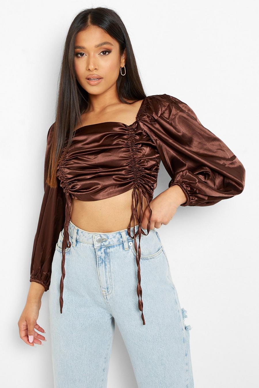 Chocolate Petite Satin Ruched Front Balloon Sleeve Crop Top image number 1