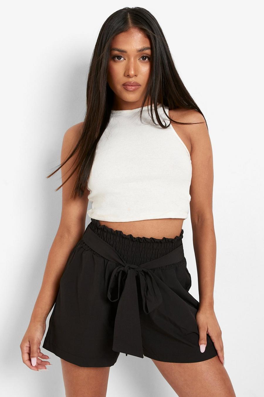 Black Petite Shirred Tie Front Shorts image number 1