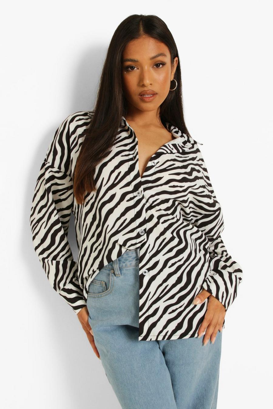 White Petite Satin Zebra Print Oversized Shirt image number 1