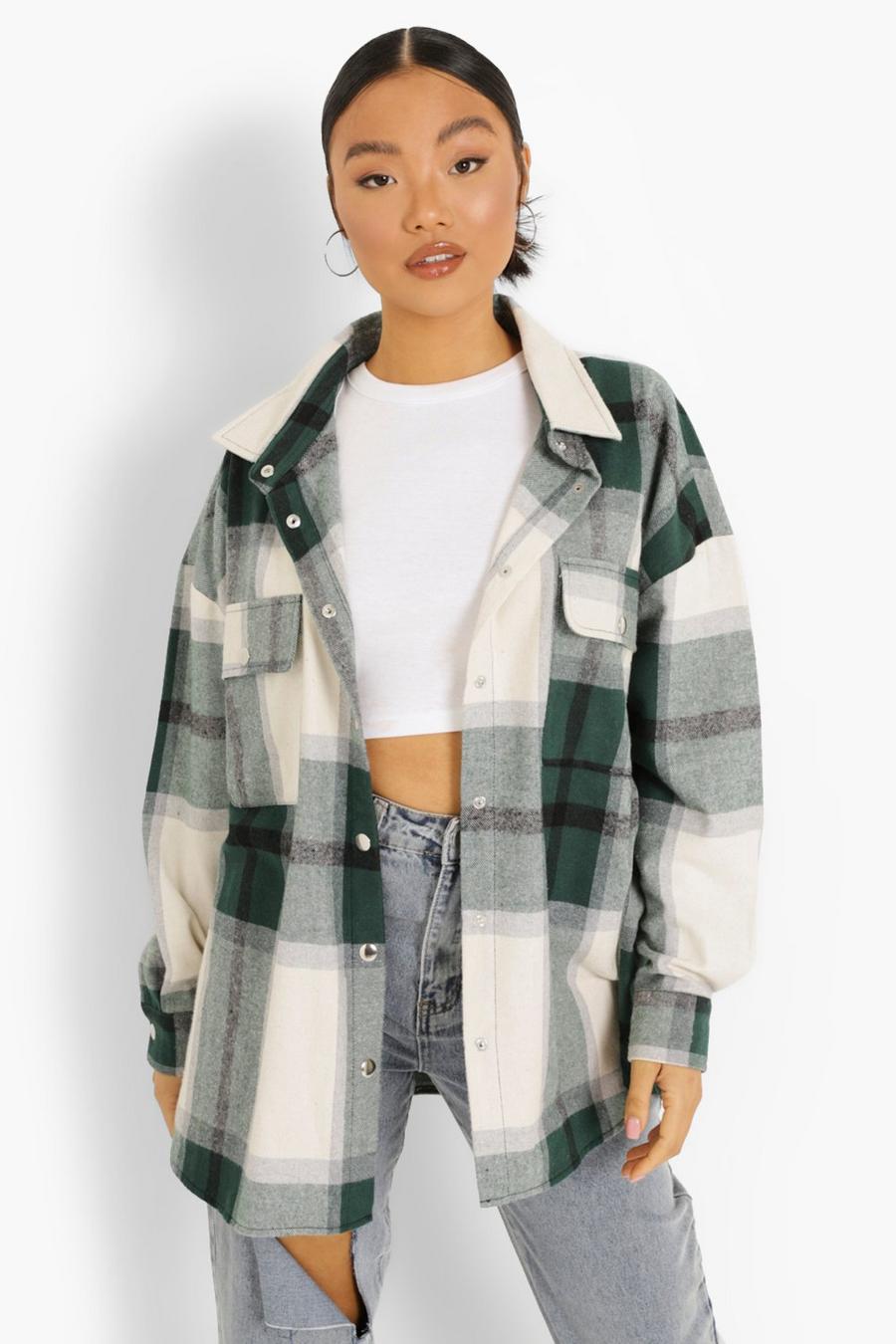 Petite Green Oversized Check Shacket image number 1
