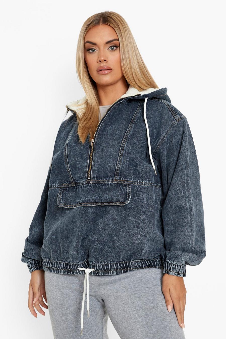 Grande taille - Veste en jean à capuche et bordures imitation peau de mouton, Mid blue image number 1