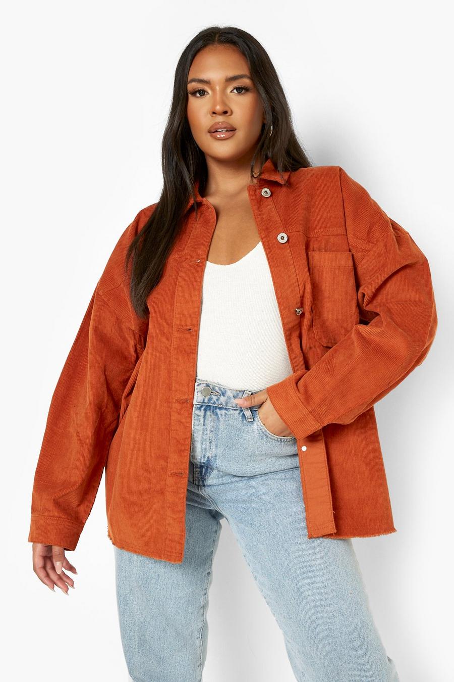 Shacket Plus Size in velluto a coste con bottoni, Rust image number 1