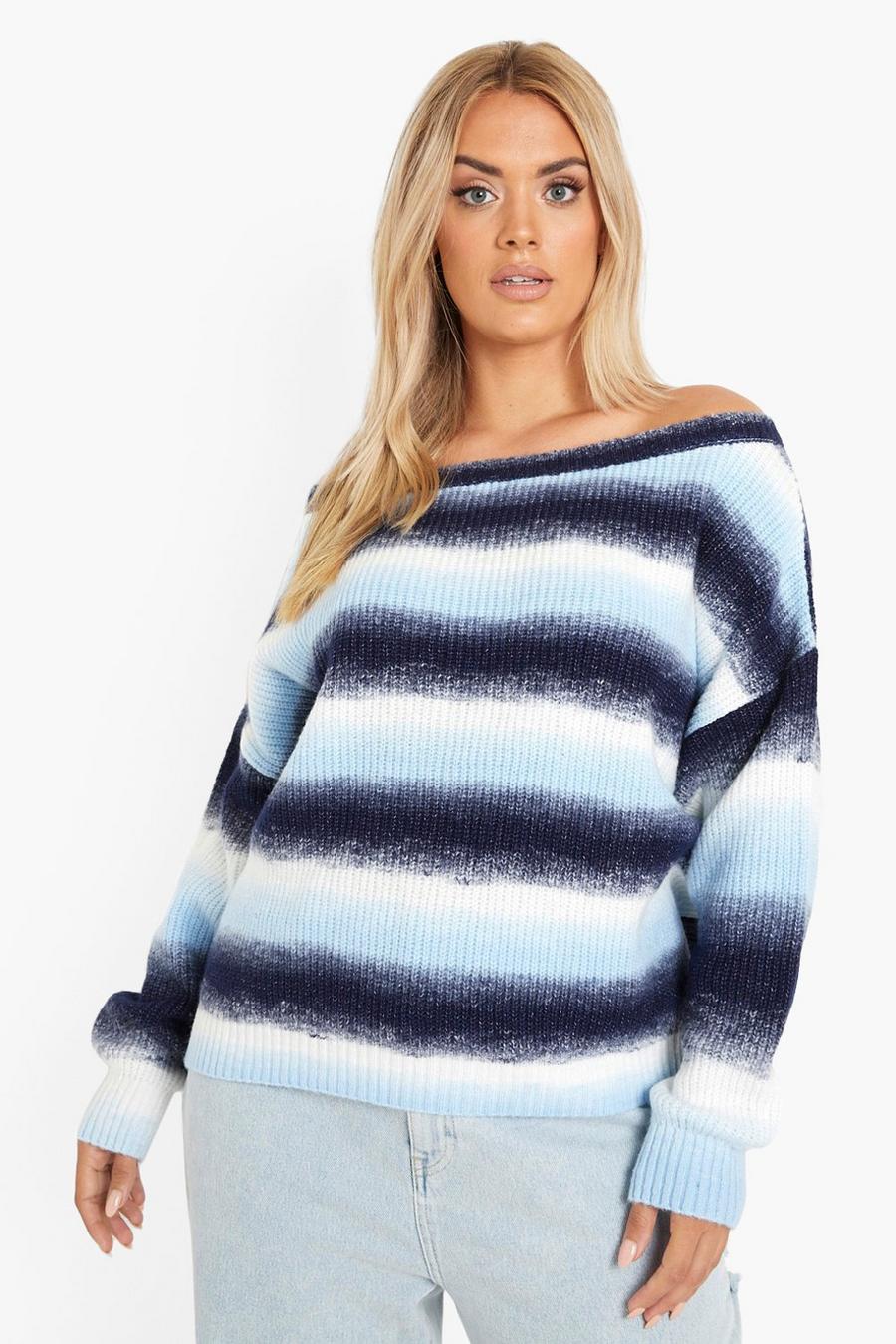 Blue Plus Fluffy Knit Ombre Slash Neck Sweater image number 1
