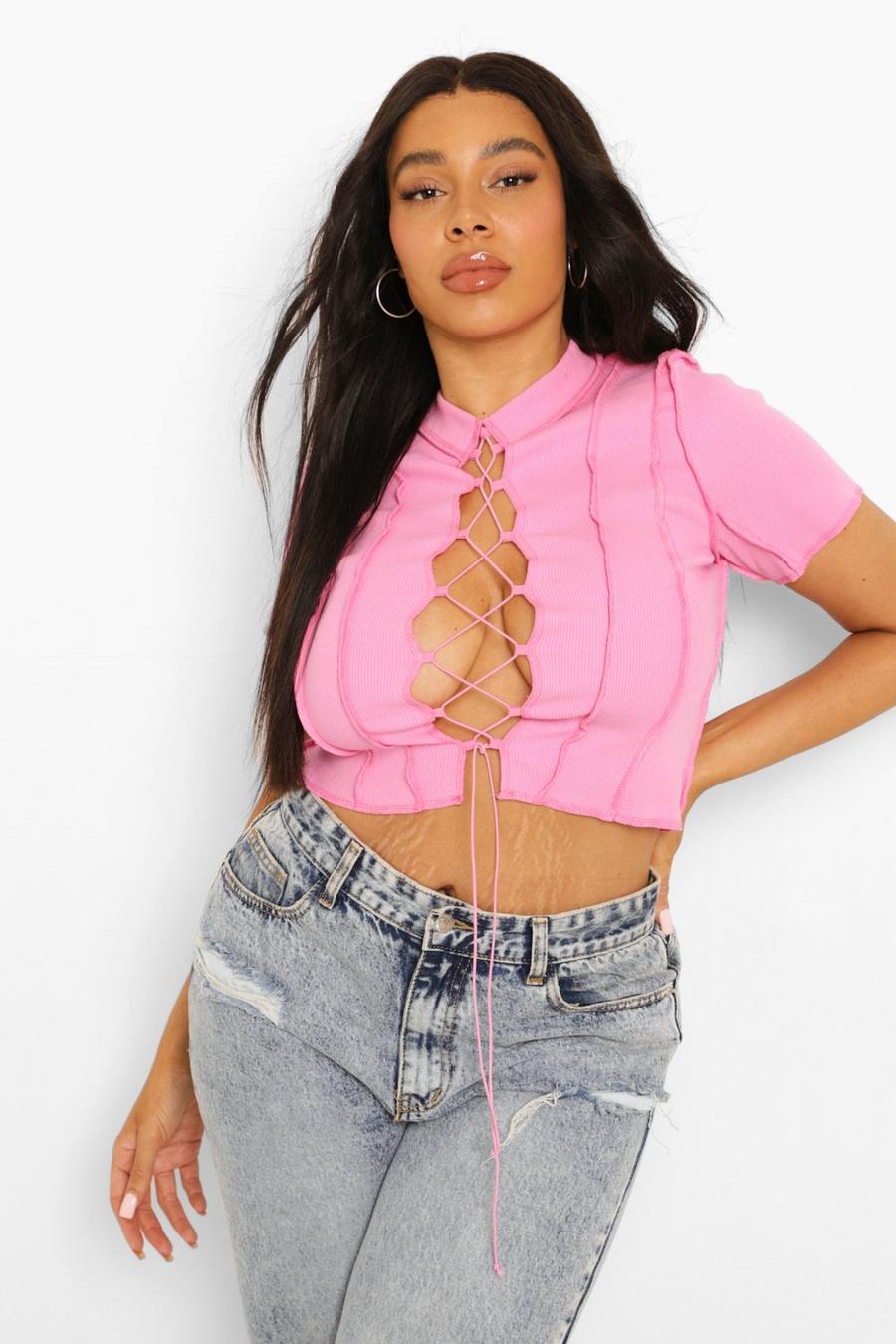 Hot pink Plus Exposed Seam Lace Up Top image number 1