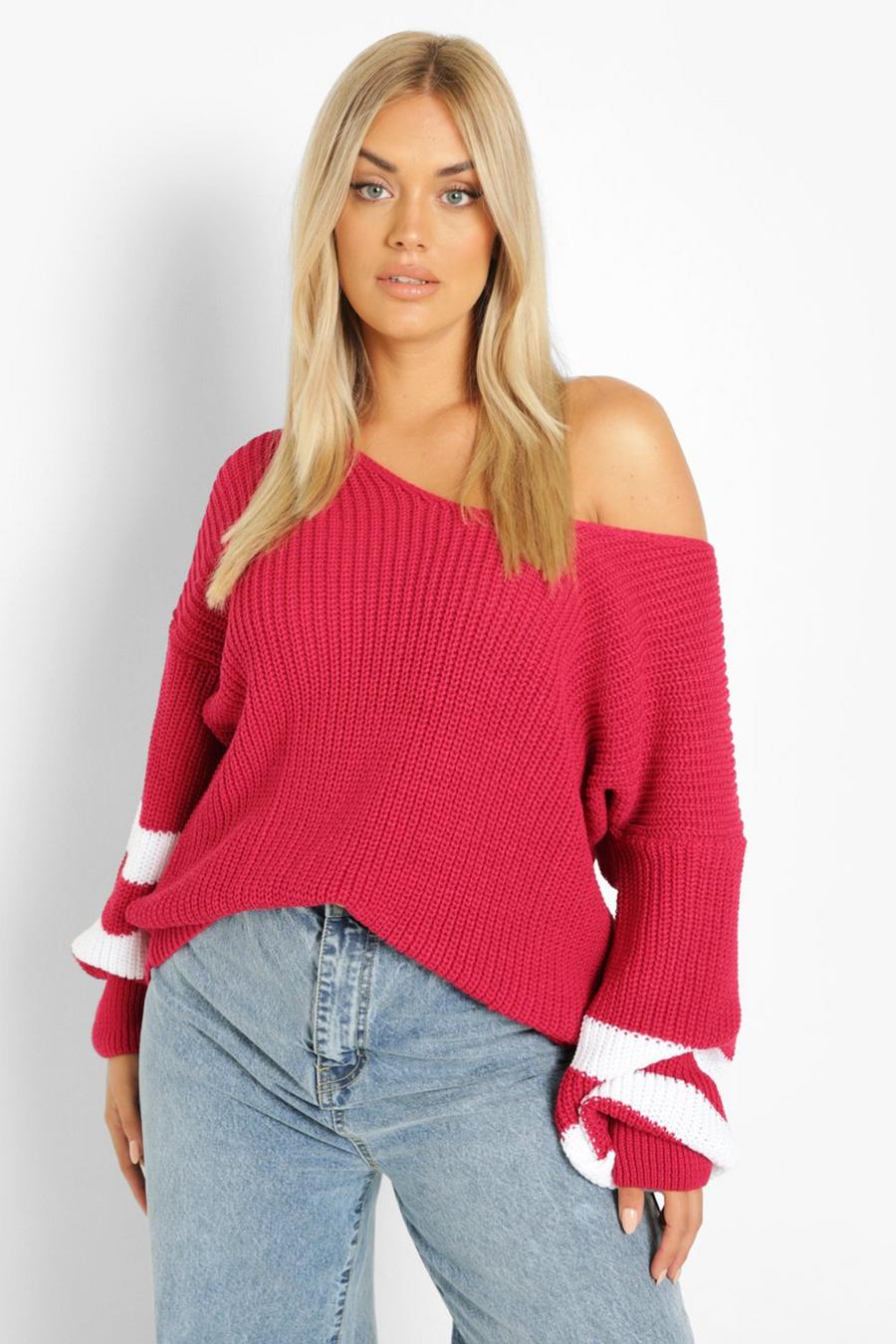 Raspberry Plus Knitted V Neck Stripe Sweater image number 1
