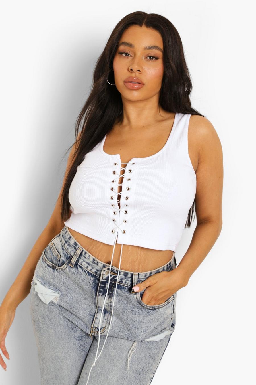 White Plus Rib Lace Up Crop Top image number 1