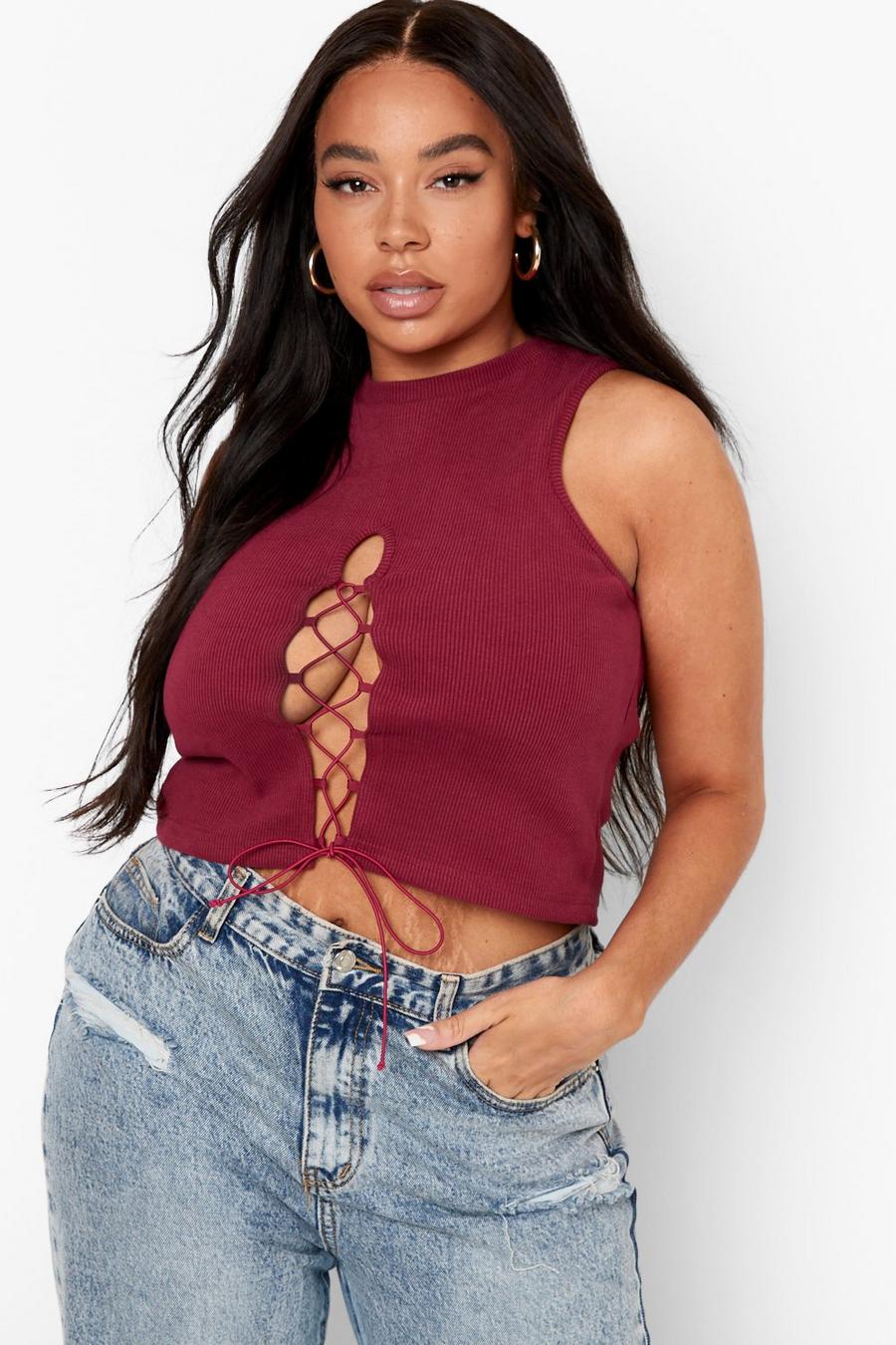 Berry Plus Lace Up Racer Crop Top image number 1