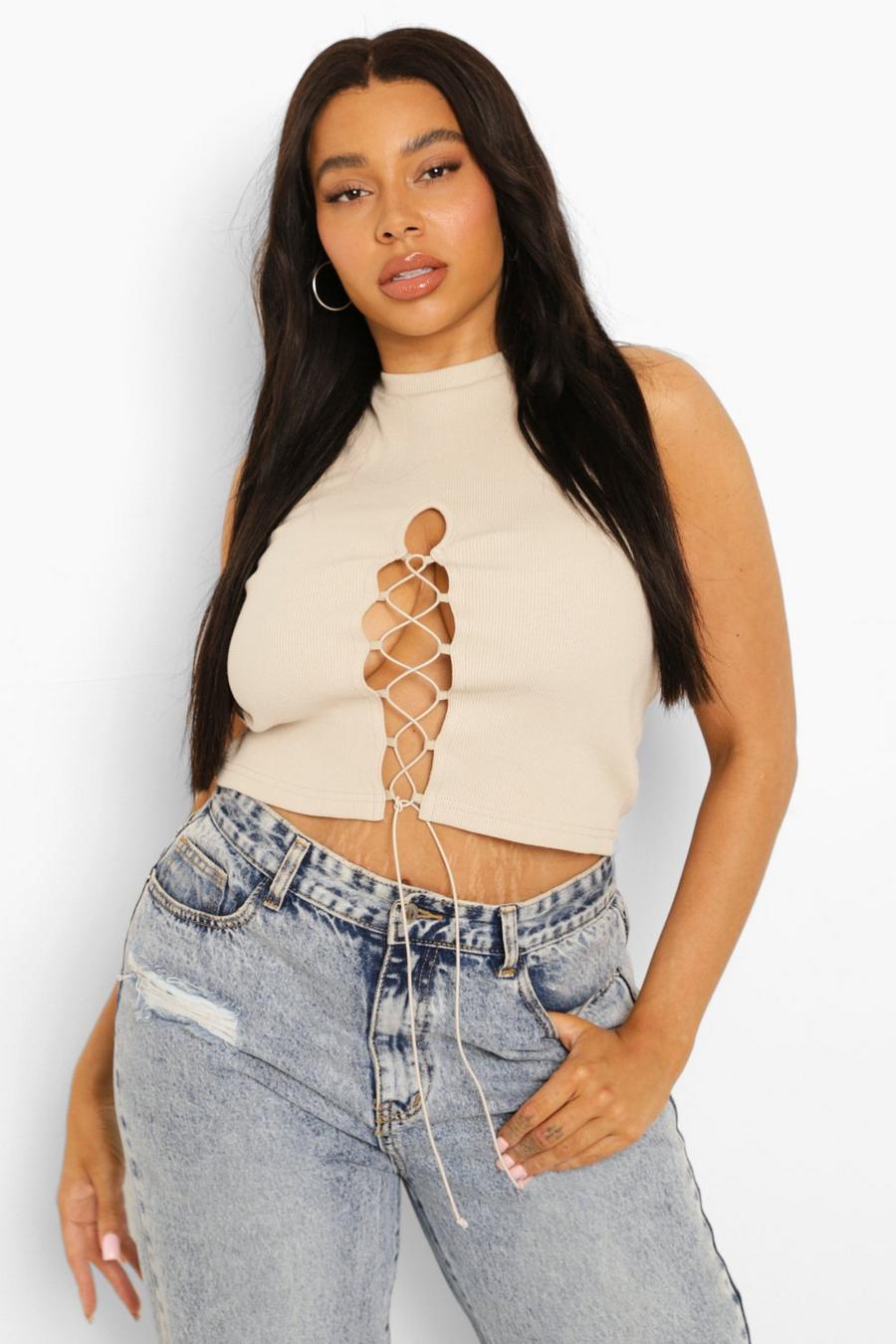Stone Plus Lace Up Racer Crop Top image number 1