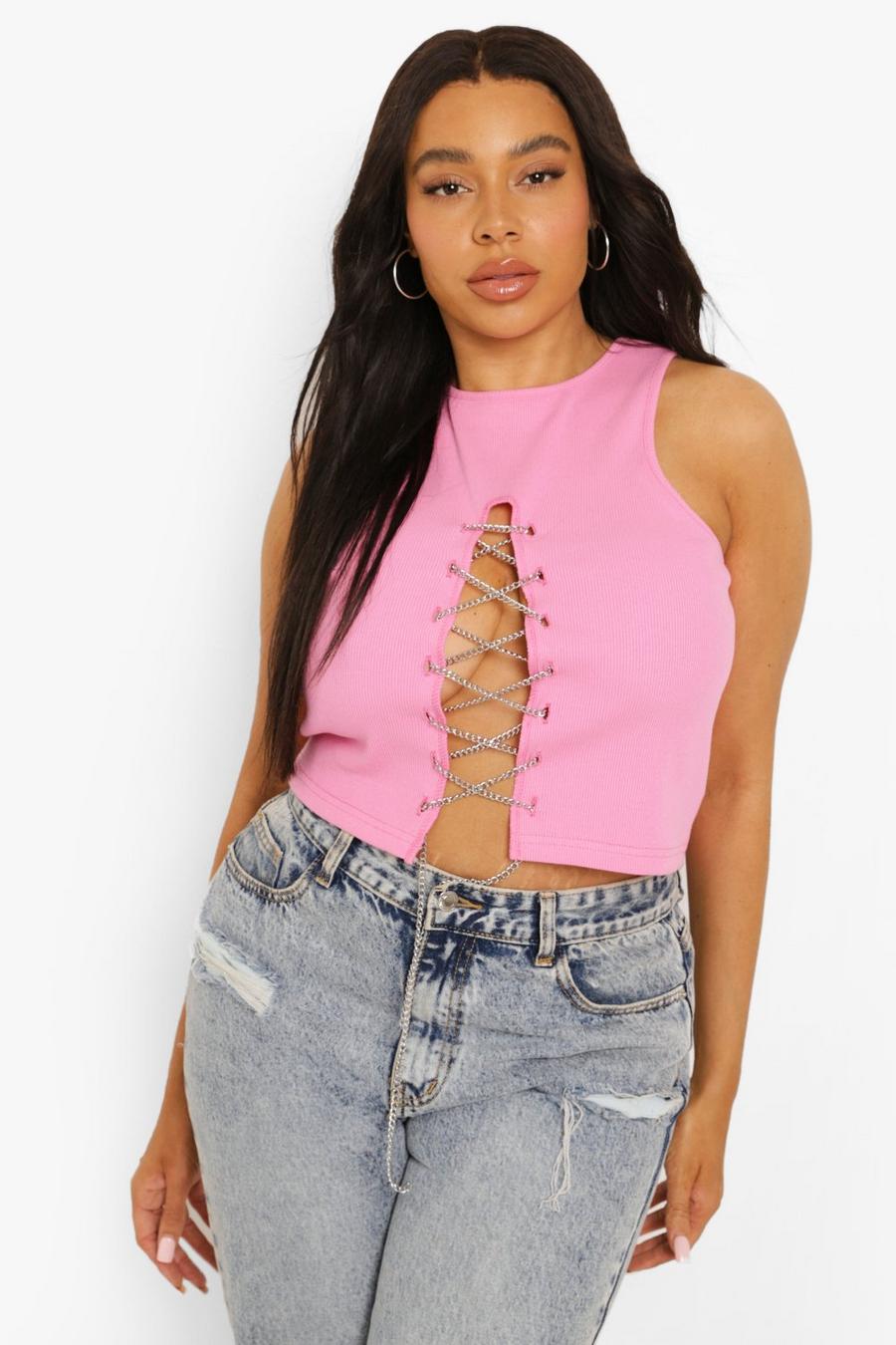 Hot pink Plus Diamante Lace Up Racer Crop Top image number 1