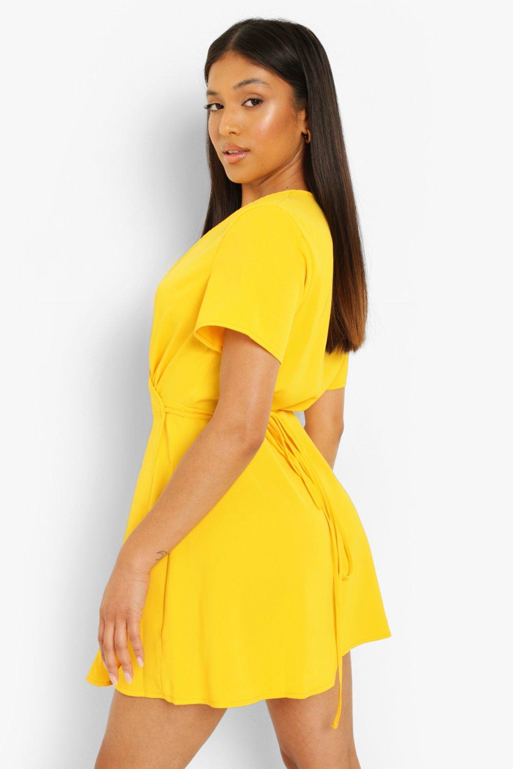 Boohoo yellow wrap on sale dress