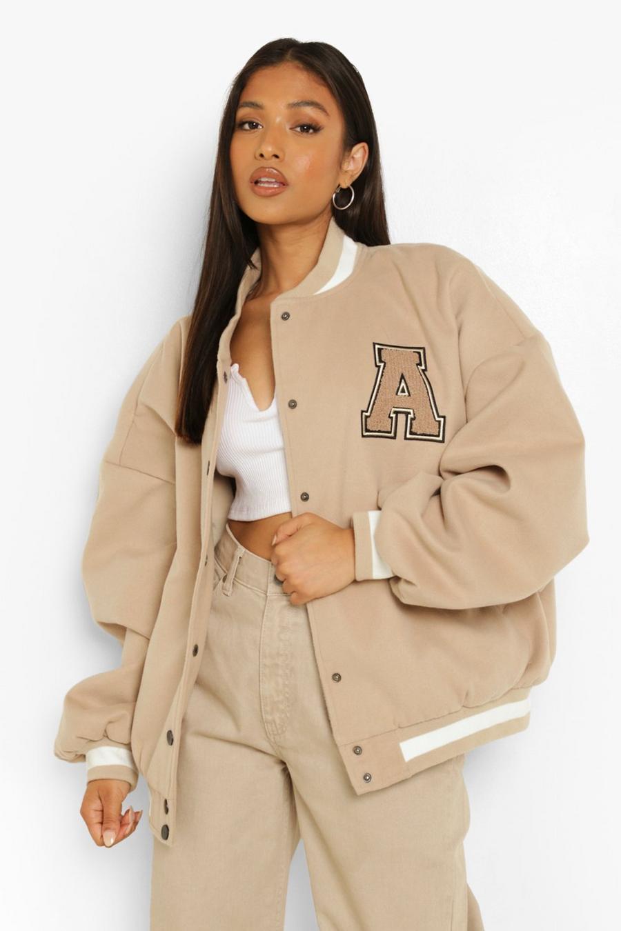 Stone Petite Oversized Varsity Jas Met Letter Patches image number 1