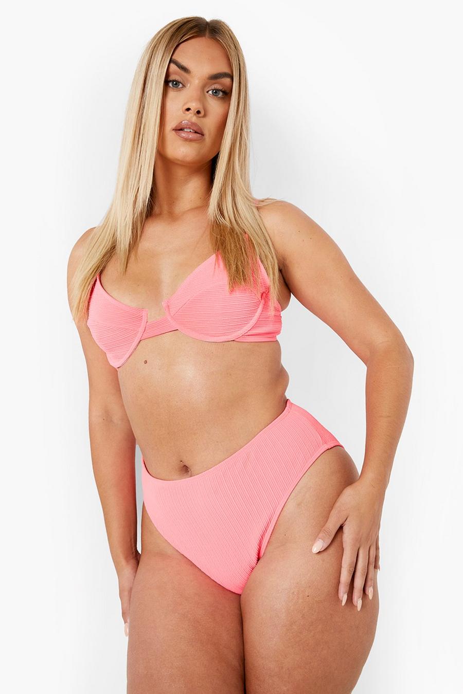 Neon-pink Plus Ribbed High Waist Bikini Brief image number 1