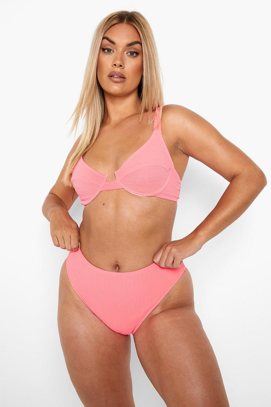 Neon-pink Plus - Ribbad bikinitopp med bygel image number 1