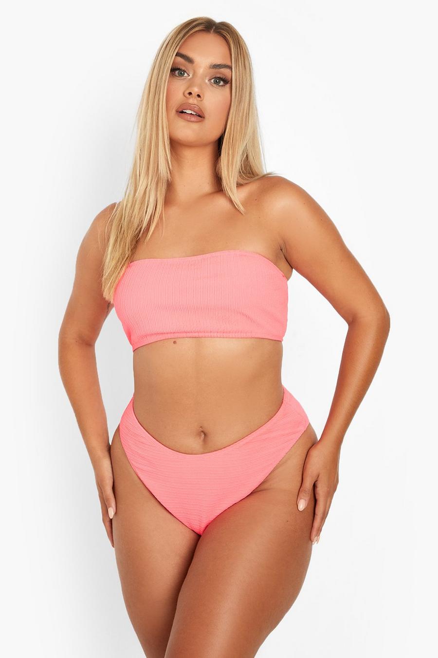 Neon-pink Plus - Ribbad bikinitopp i bandeaustil image number 1