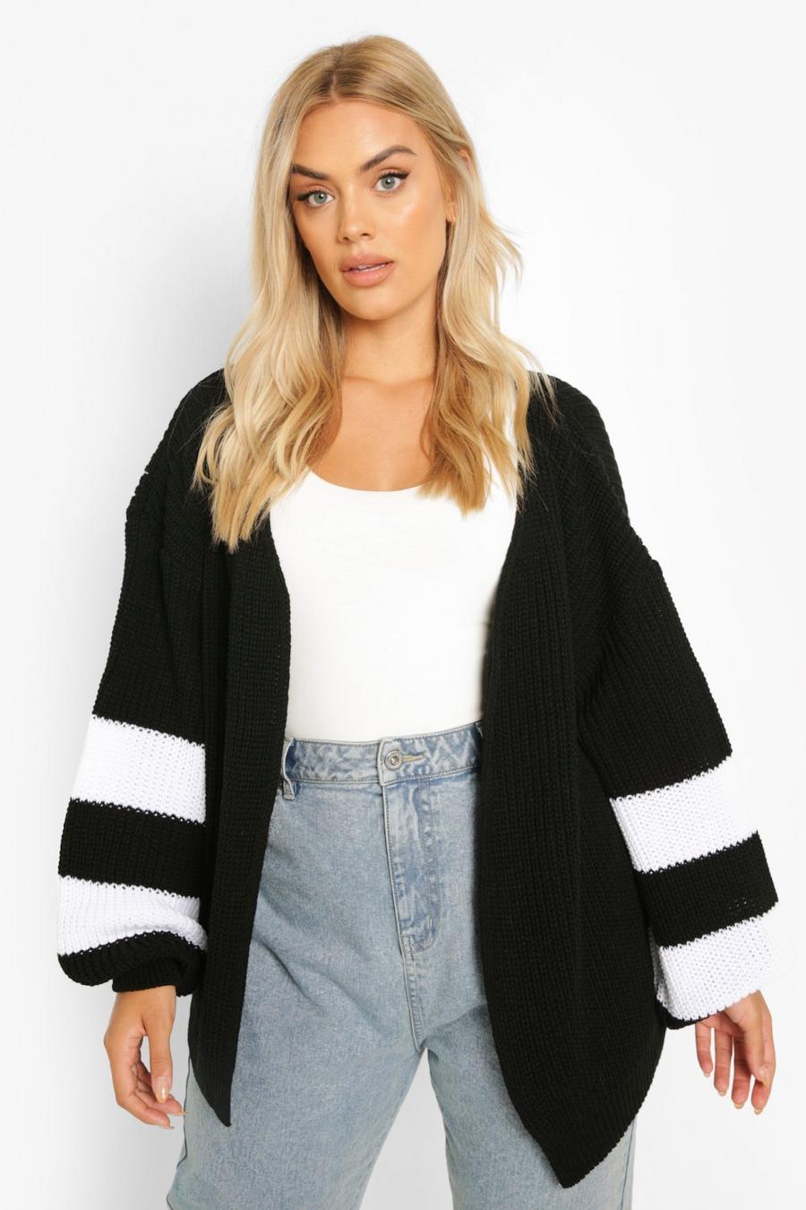 Black Plus Knitted Striped Cardigan image number 1