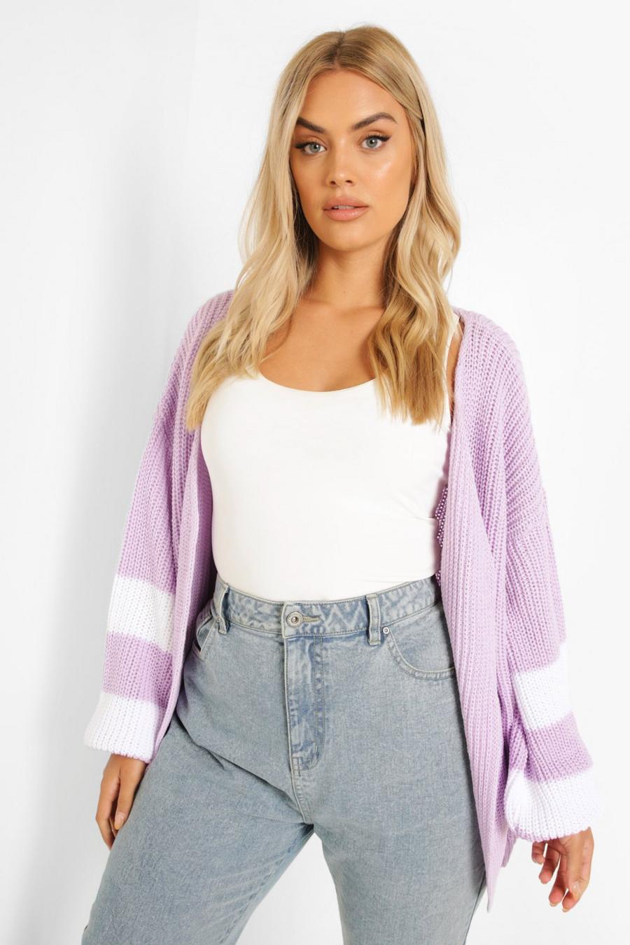 Lilac Plus Knitted Striped Cardigan image number 1