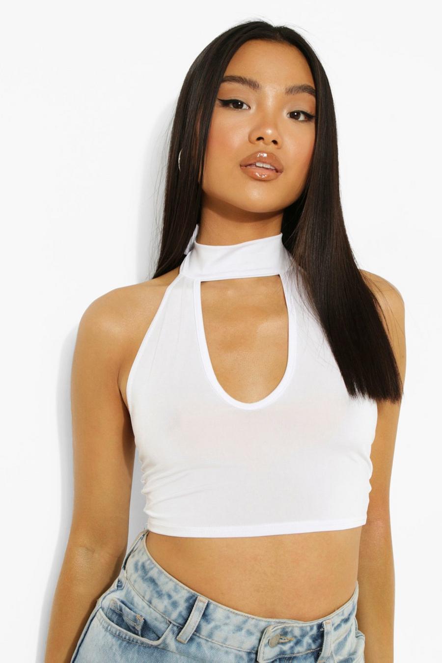 White Petite Slinky Cut Out Crop Top image number 1