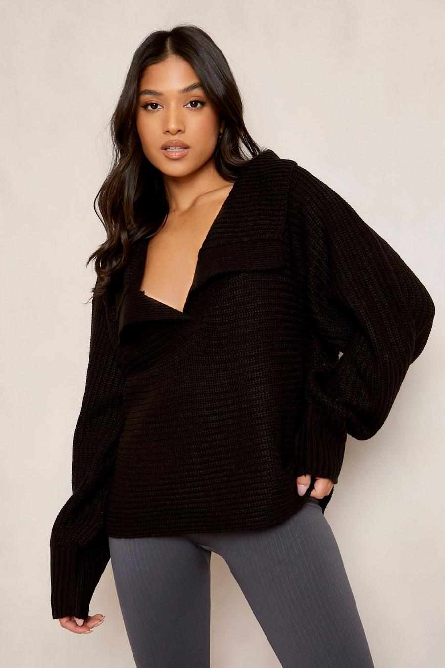 Black Petite Oversized Collar Sweater