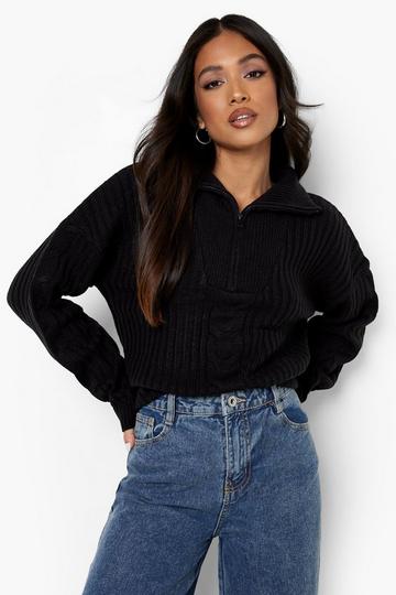 Petite Chunky Rib Half Zip Jumper black