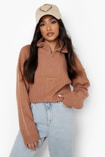 Petite Chunky Rib Zip Through Sweater camel