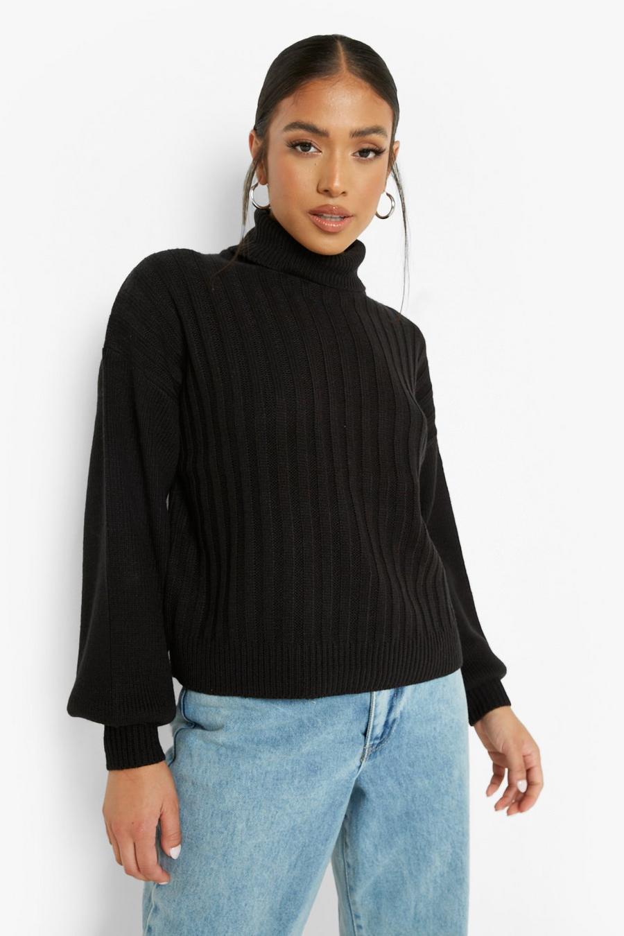 Black Petite Mixed Stitch Balloon Sleeve Sweater image number 1