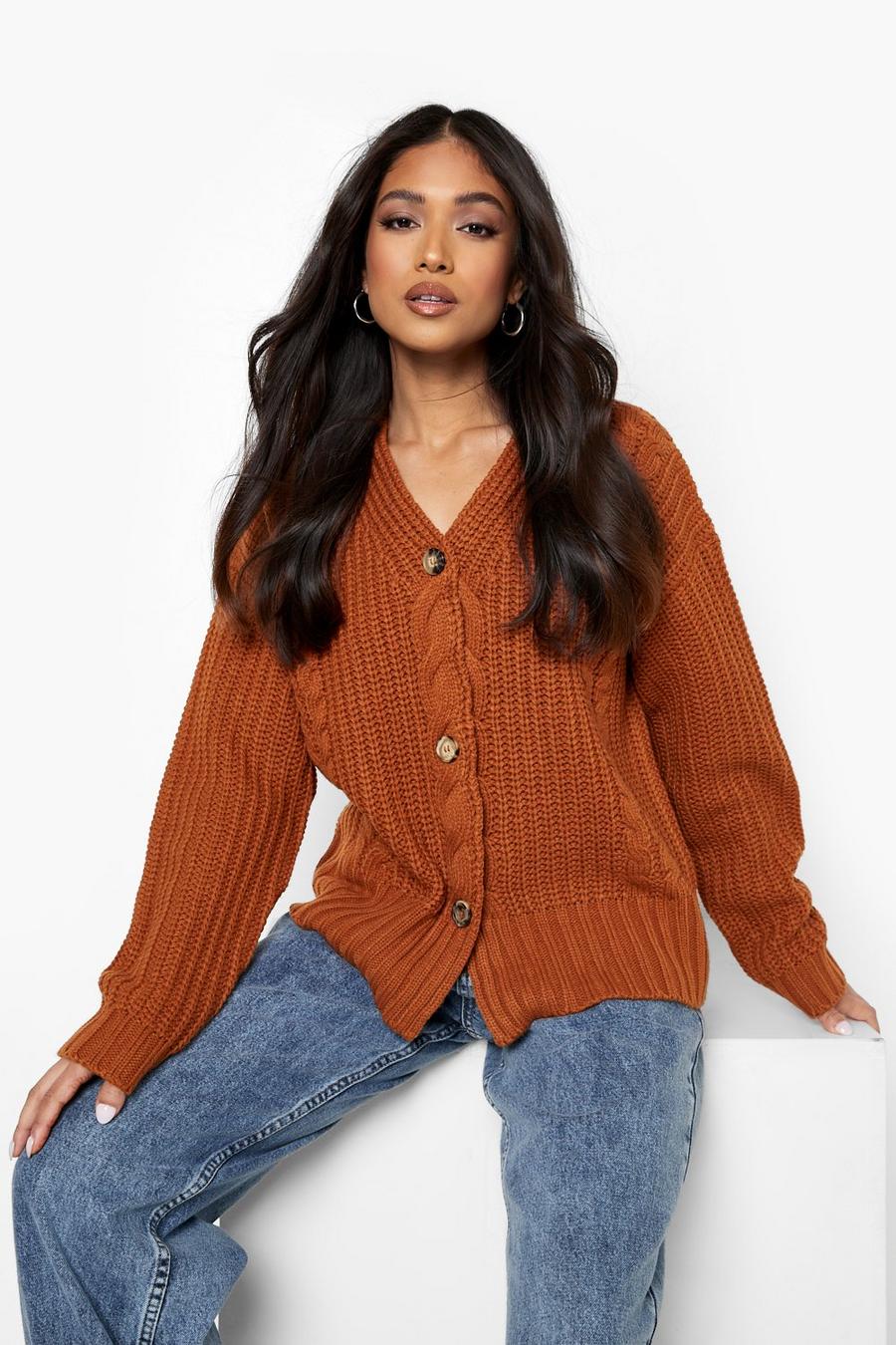 Chestnut Petite Chunky Cable Knit Cardigan image number 1