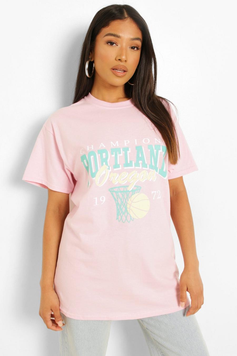 T-shirt Petite in cotone sovratinto con scritta Portland, Light pink image number 1