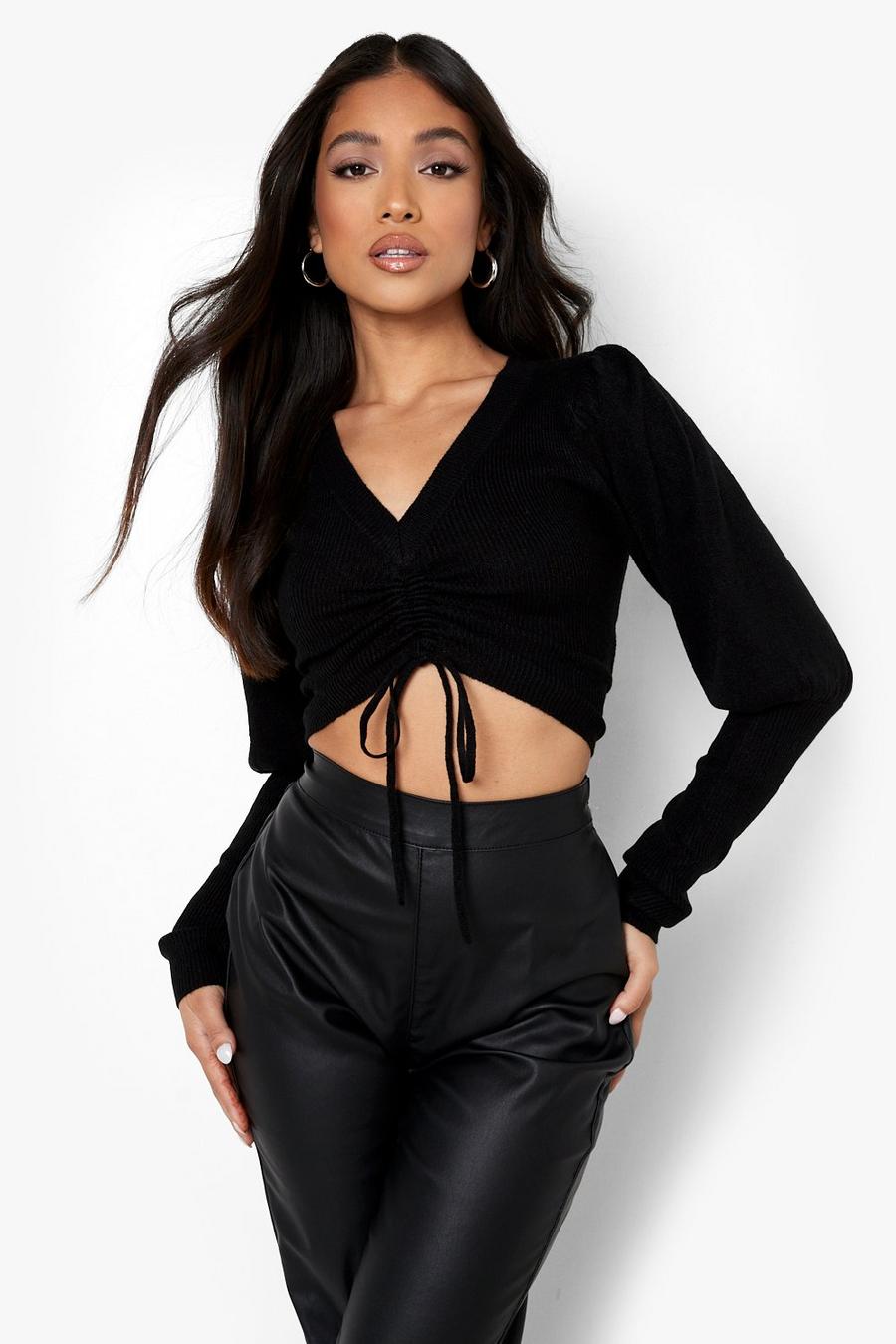 Black Petite Ruched Front Puff Sleeve Crop Jumper image number 1